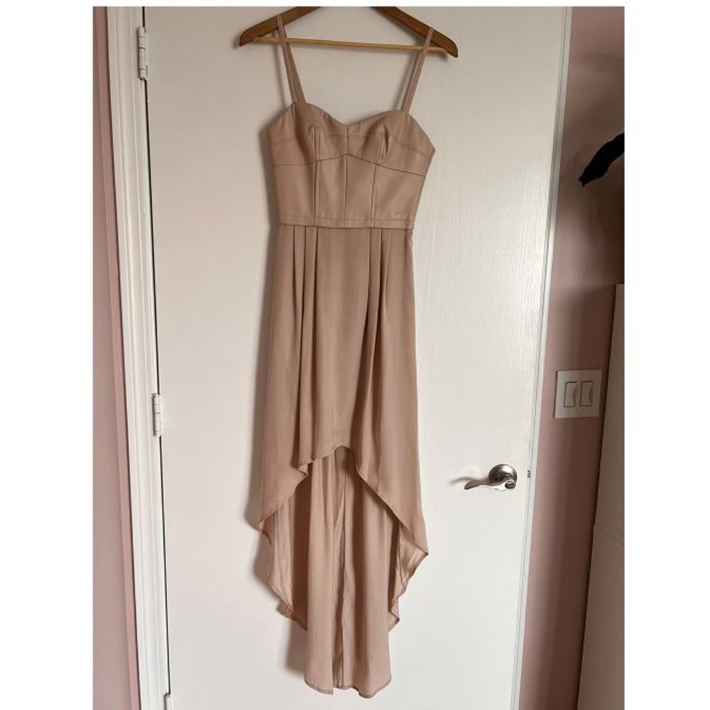 BCBG MAXAZRIA gorgeous beige dress. Faux leather top and silky bottom. Size XXS.